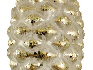 Pomme de pin en verre, finition argent antique mat et paillettes dorées, 11 cm