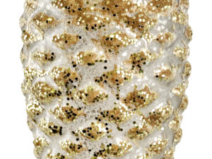 Pomme de pin en verre, argent antique mat, paillettes dorées, 15,5 cm